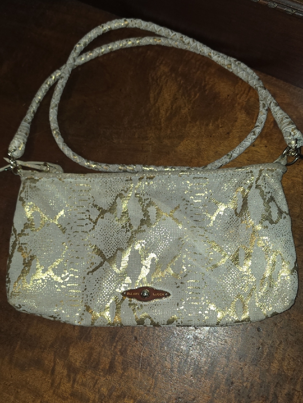 Elliott Lucca Metallic Gold Cream Snakeskin Crossbody Bag 90s Vintage
